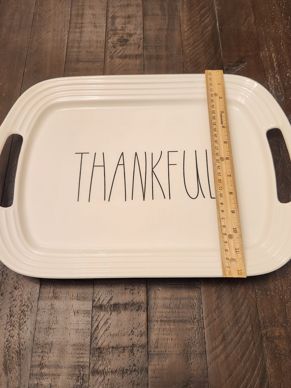 Farmhouse Ceramic "THANKFUL" Rectangular Serving Platter Tray with Handles - Picture 3 of 4